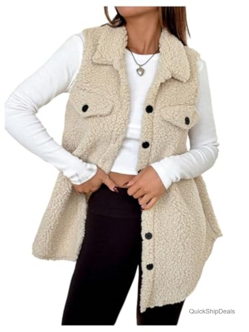 Womens Fuzzy Fleece Vest Button Down Thigh Length Teddy Coat Sleeveless